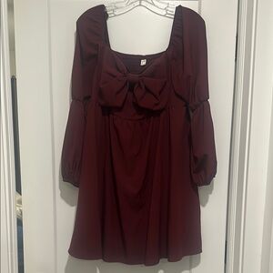 Wine Color A-line Mini Dress with Long Bishop Sleeves and Square Neckline